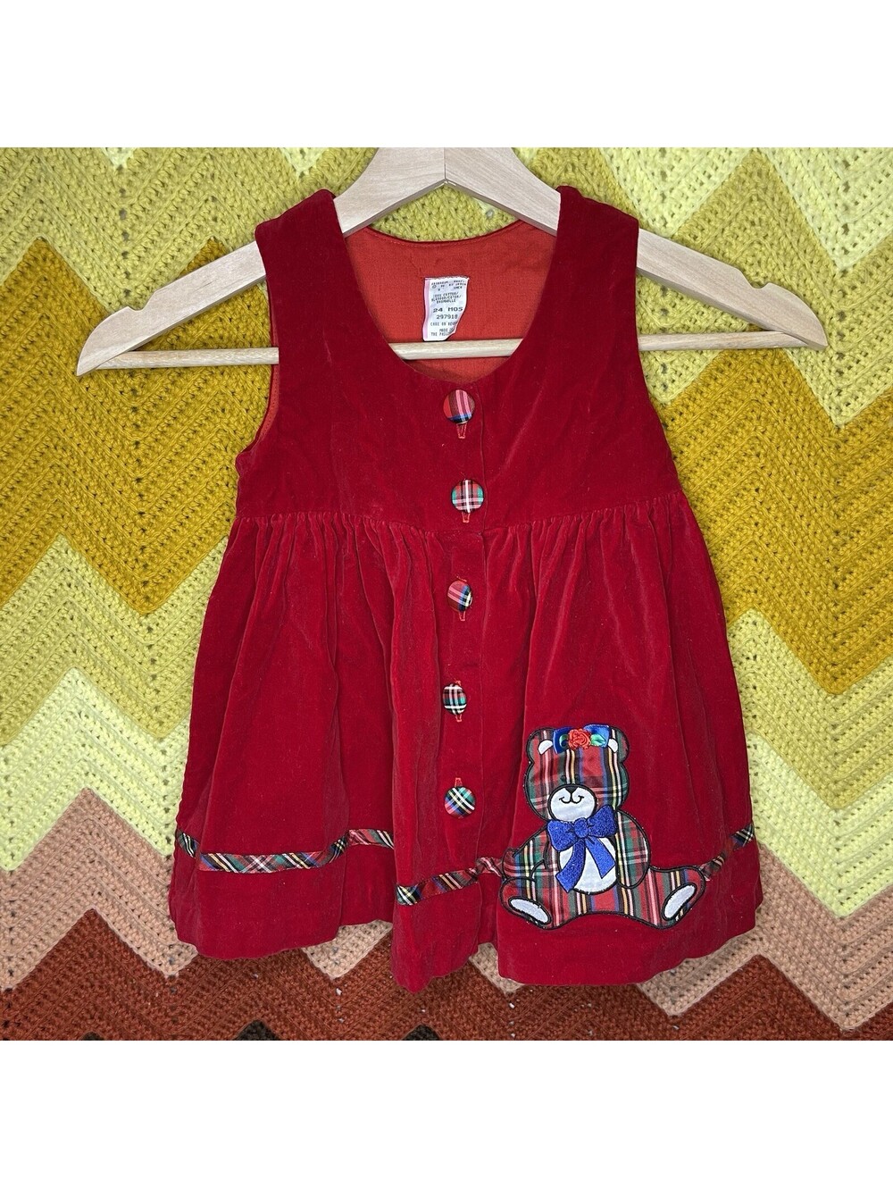 1996 Vintage Toddler Girl Red Velvet & Plaid Bear Christmas Holiday Dress 18 Mo